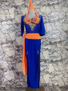 演出服肚皮舞东方舞镶钻修身baladi宝蓝袍子，民俗肚皮舞袍子定制