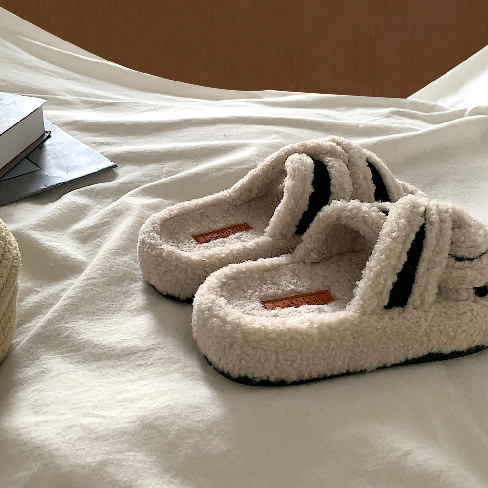 ins小众韩风厚底羊羔毛棉拖鞋