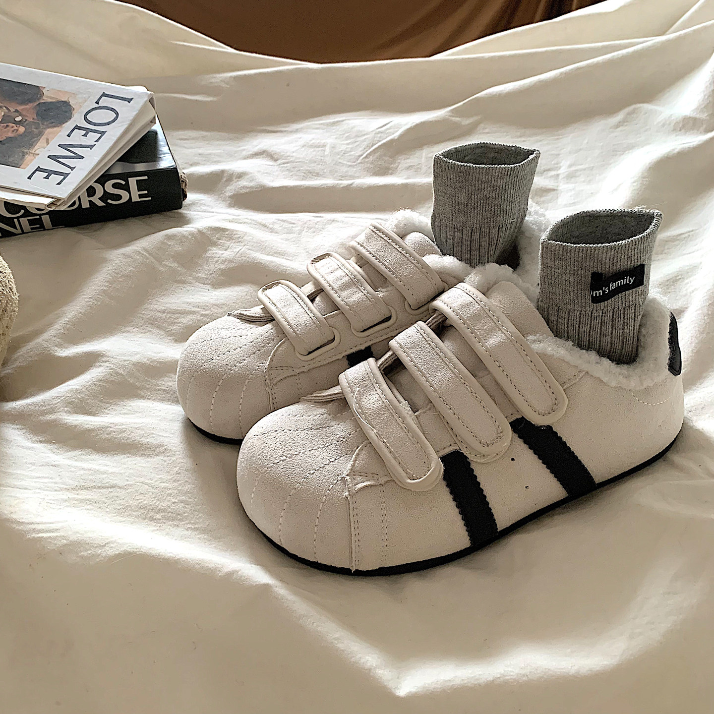 小众复古魔术贴加绒德训鞋女冬季新款ins韩版保暖二棉鞋休闲板鞋,女鞋,休闲板鞋,淘宝优惠券,粉丝福利购,淘宝优惠卷