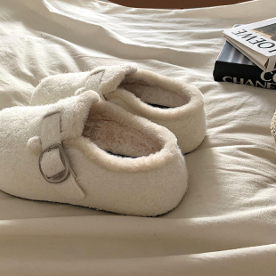 女外穿懒人厚底毛毛棉拖鞋 雪白毛绒绒 日系百搭配裙子加绒勃肯鞋
