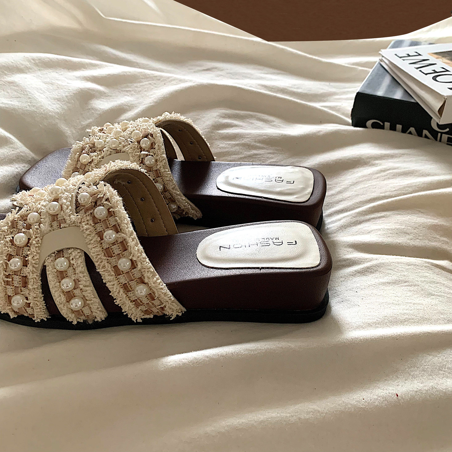 金屿鹿 气质优雅~法式珍珠配裙子一字拖女夏晚晚风厚底度假凉拖鞋,女鞋,一字拖,淘宝优惠券,粉丝福利购,淘宝优惠卷