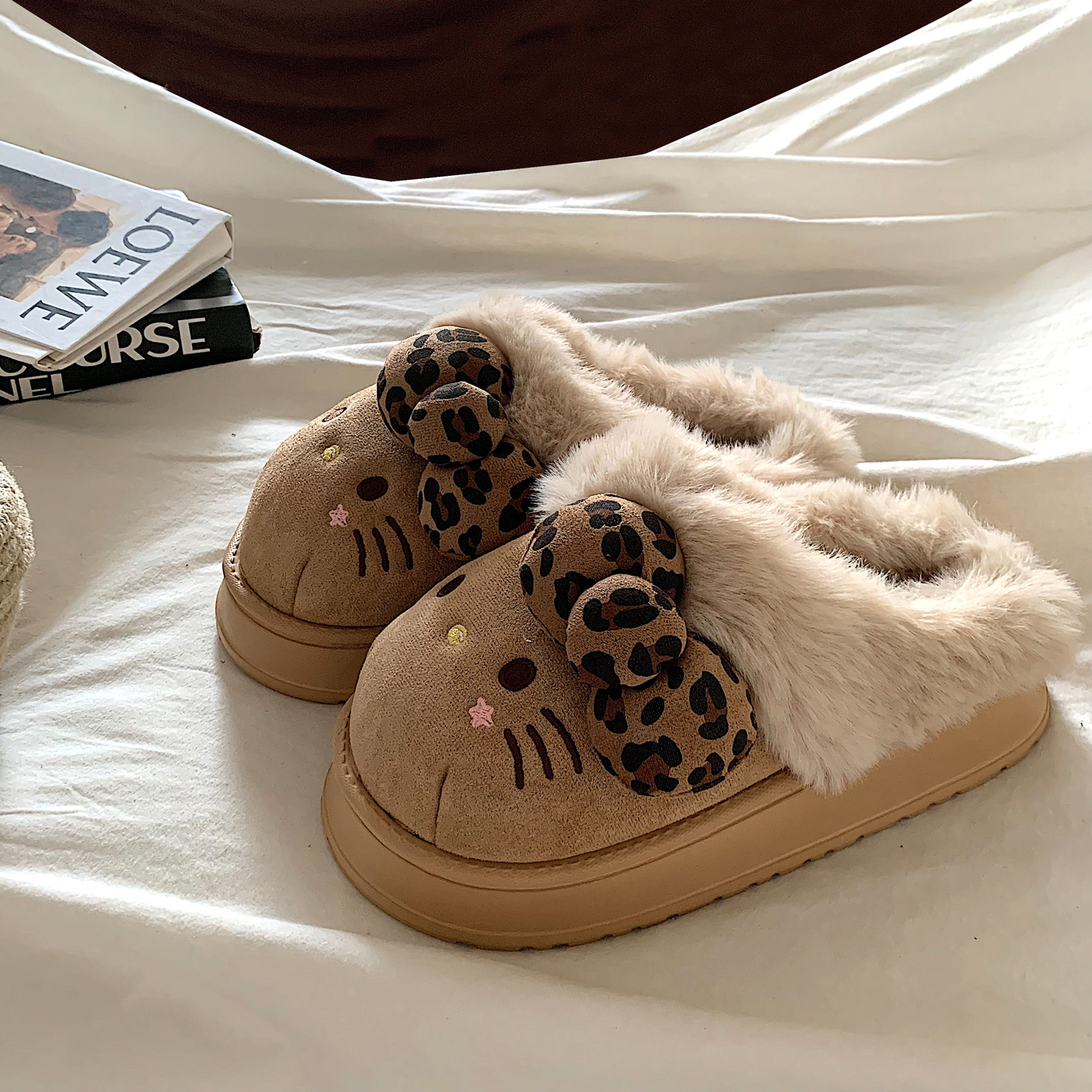 蝴蝶结kt猫~ins少女心可爱厚底毛毛拖鞋女居家保暖学生包头棉拖鞋