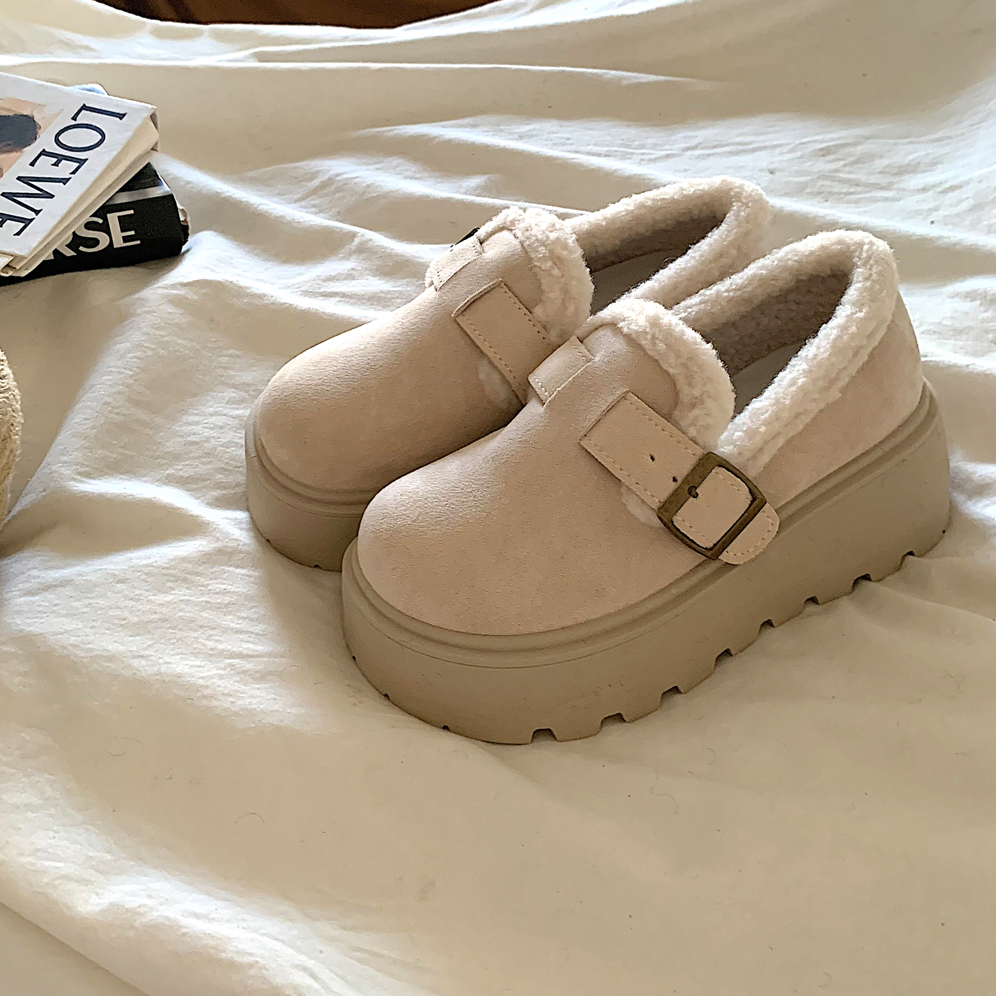 奶油泡芙~自留增高配裙子加绒勃肯鞋女ins复古厚底一脚蹬保暖棉鞋