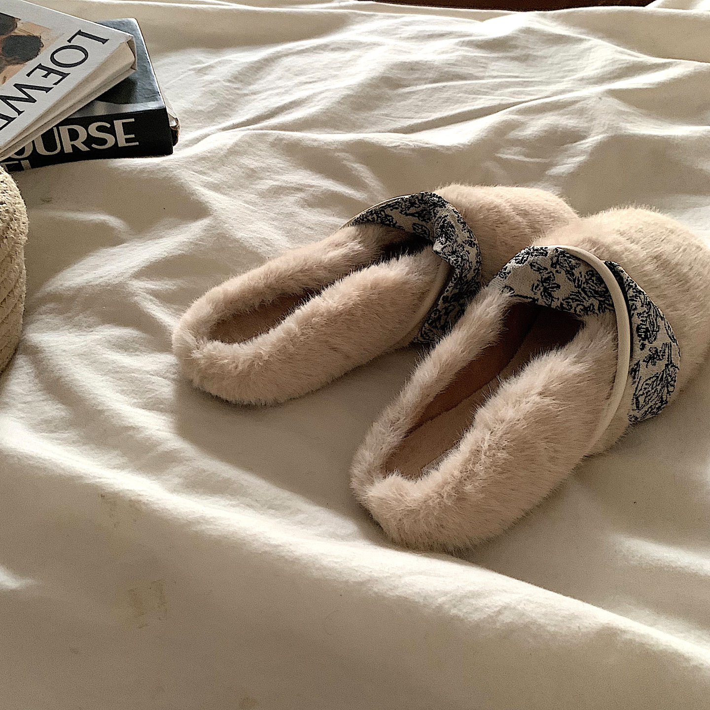 云暖锦绣~新中式国风加绒毛毛鞋女外穿ins温柔风网红一脚蹬棉拖鞋