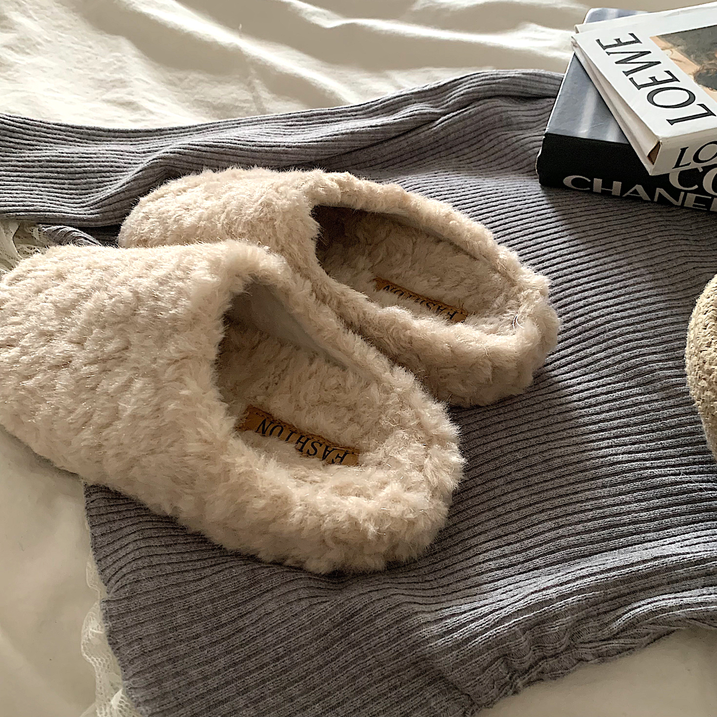 奶油卷羊～ins露思同款加绒羊羔毛毛毛鞋女冬外穿网红懒人棉拖鞋