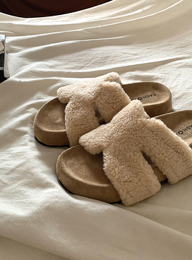 气质温柔~ins高及感厚底毛毛拖鞋女秋冬外穿时尚网红羊羔毛棉拖鞋