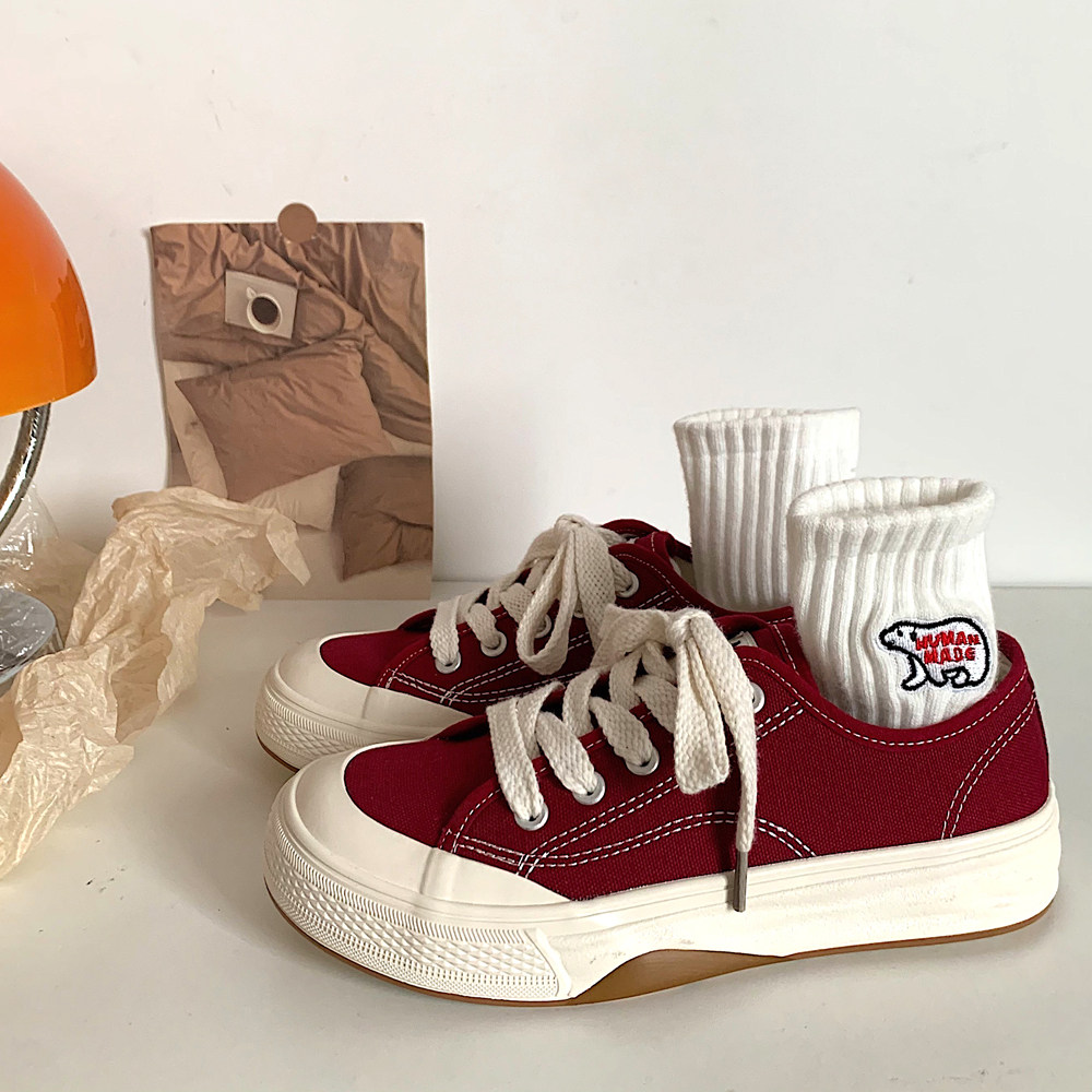 金屿鹿酒红色帆布鞋女夏季韩版ins原宿复古板鞋小众百搭学生鞋子