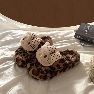 ins可爱豹纹hellokitty猫厚底毛毛拖鞋女外穿秋冬居家保暖棉拖鞋