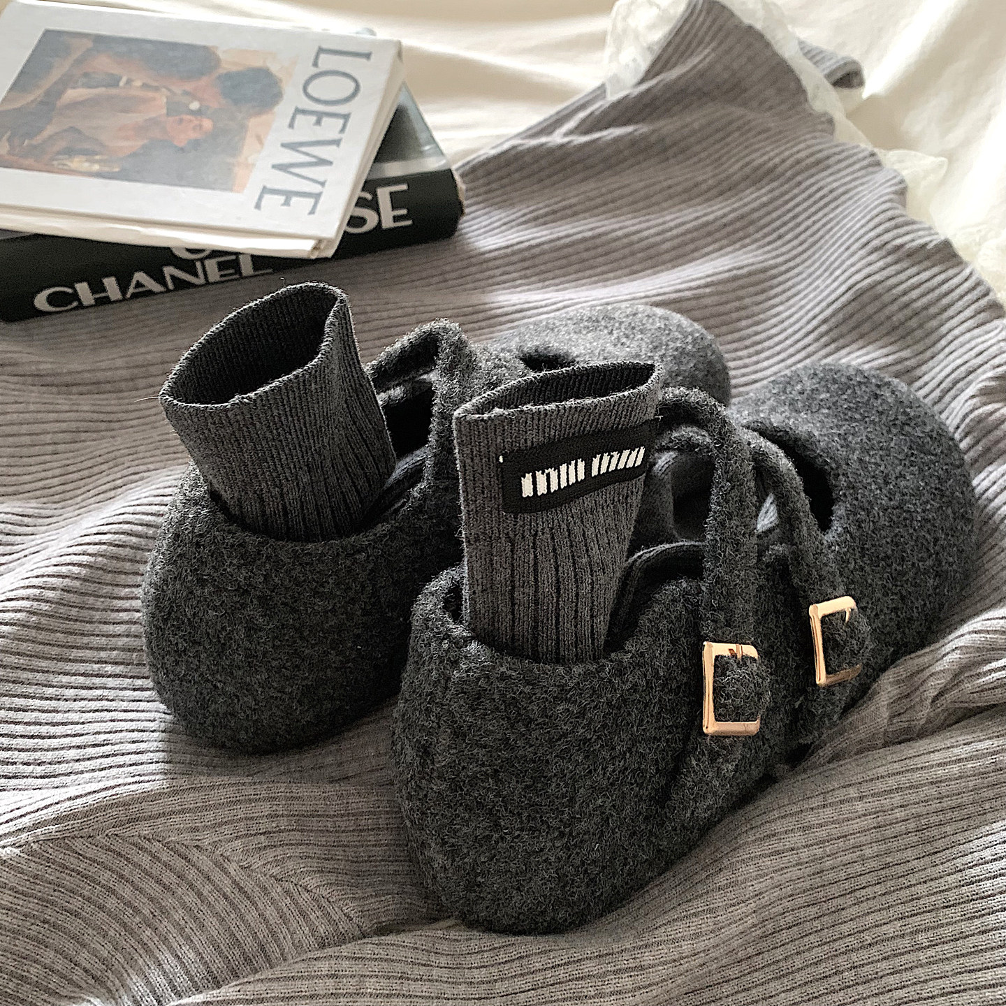 轻奢灰~增高厚底加绒加厚毛呢玛丽珍鞋女冬ins复古一脚蹬棉鞋瓢鞋,女鞋,玛丽珍鞋,淘宝优惠券,粉丝福利购,淘宝优惠卷