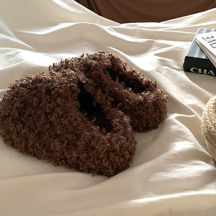 女秋冬外穿网红百搭防滑加绒棉拖鞋 泰迪卷毛 ins厚底毛毛包头拖鞋