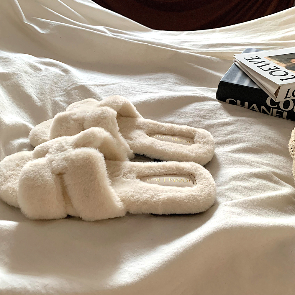 金屿鹿软糯温柔~ins高及感毛绒绒棉拖鞋女冬外穿网红时尚毛毛拖鞋