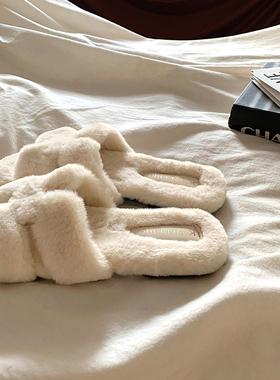 金屿鹿软糯温柔~ins高及感毛绒绒棉拖鞋女冬外穿网红时尚毛毛拖鞋