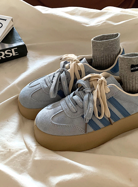 ins雾蓝色德训鞋女2026新款chic韩系复古轻便阿甘鞋厚底休闲板鞋