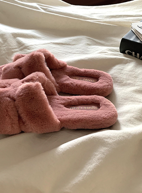 金屿鹿 胭脂柔雪~ins高及感毛毛拖鞋女冬外穿网红时尚防滑棉拖鞋