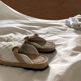 金屿鹿民族风手工草编懒人包头半拖鞋 夏 女外穿防滑沙滩拖鞋 渔夫鞋