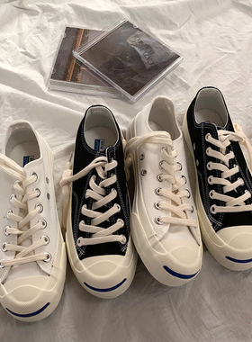 金屿鹿 韩国ulzzang小白鞋复古开口笑低帮板鞋港风chic帆布鞋男女