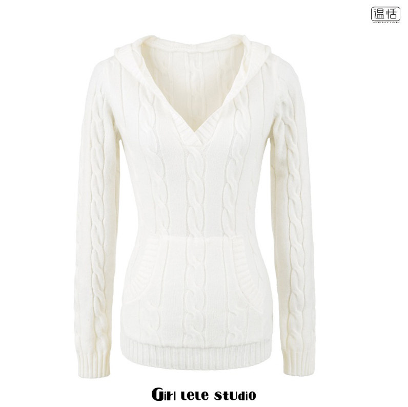 【包邮】欧美风新款V领连帽麻花毛衣慵懒风收腰显瘦气质百搭上衣