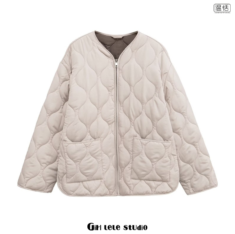 【包邮】欧美风新款纯色简约宽松百搭圆领拉链口袋饰棉服外套上衣