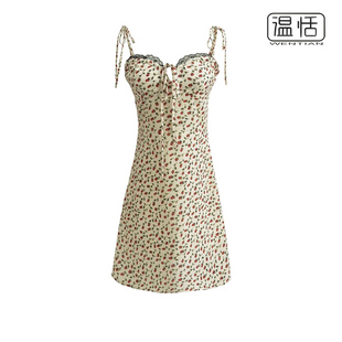 欧美风复古碎花蕾丝花边拼接抽绳吊带连衣裙显瘦短裙子夏 包邮