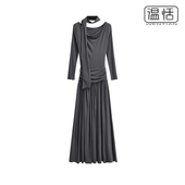 连衣裙气质修身 慵懒围巾荡领设计感长袖 法式 百搭长裙子 包邮
