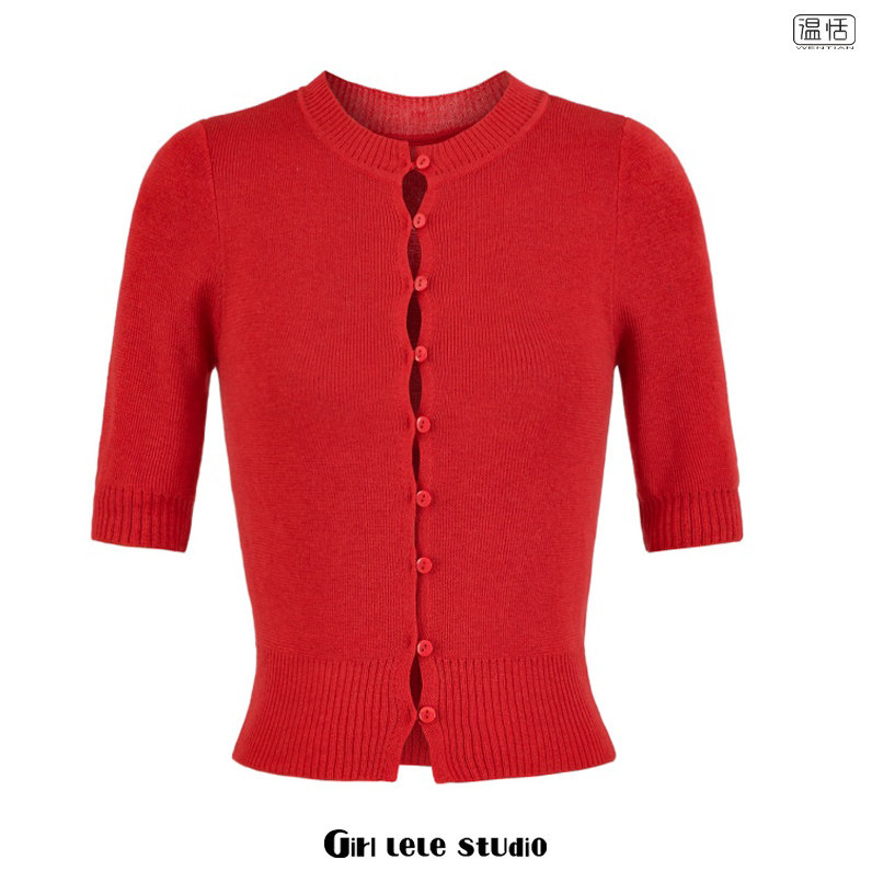 【包邮】欧美风新款时尚圆领纽扣中袖针织开衫女修身显瘦休闲毛衣