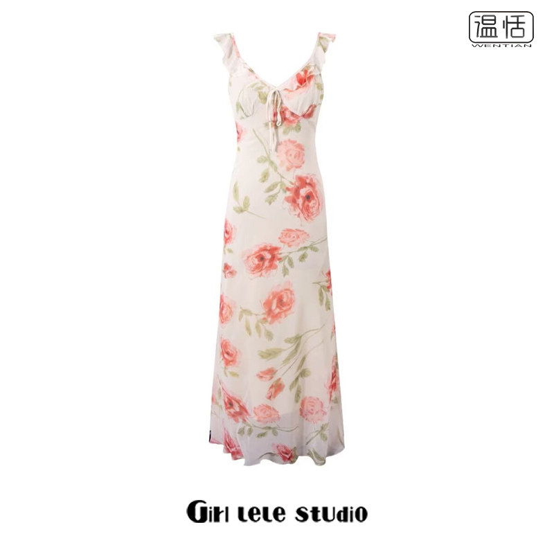 【包邮】法式风情玫瑰花性感V领系带收腰显瘦吊带裙木耳边连衣裙