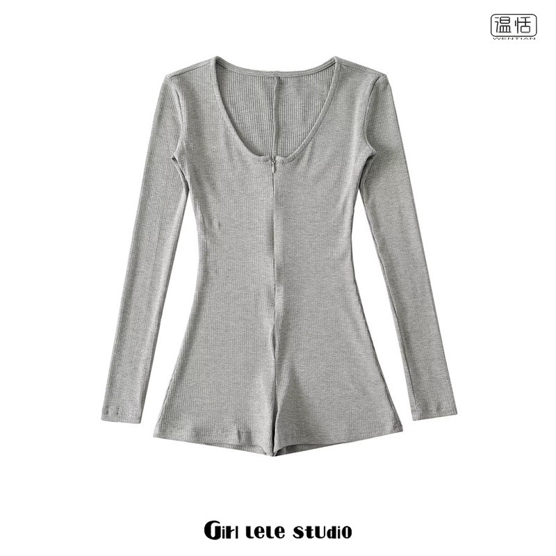 【包邮】欧美性感V领拉链长袖短裤连体衣灰色运动健身紧身瑜伽服