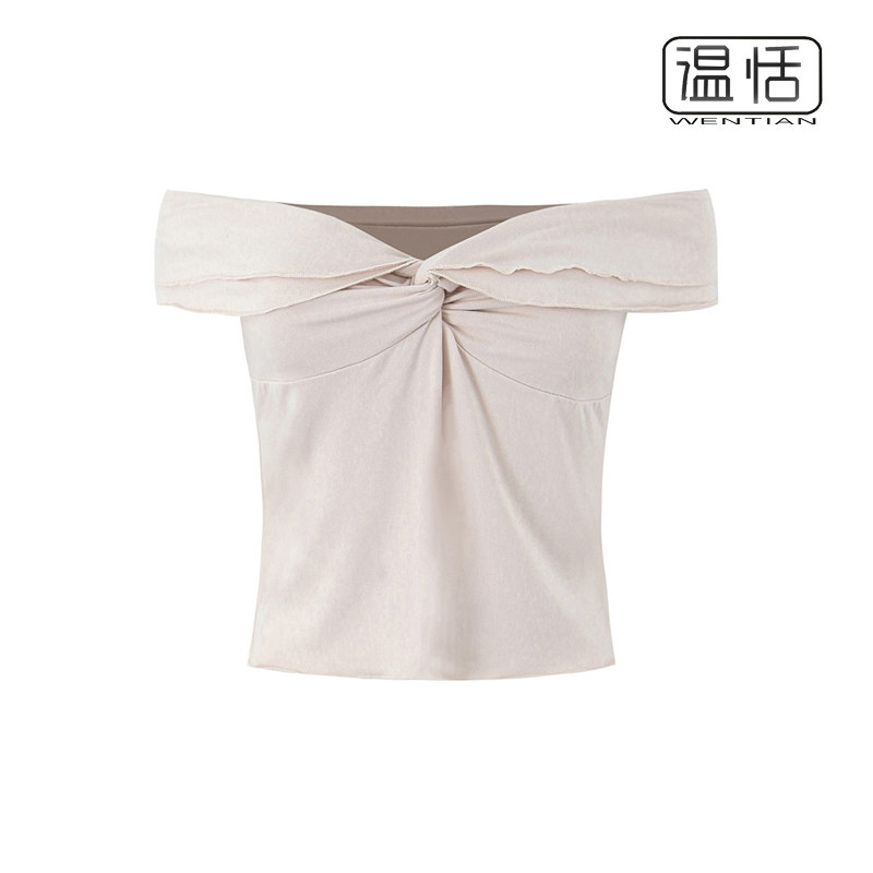 【包邮】欧美风ins胸前扭结设计褶皱性感一字肩露锁骨上衣打底T恤