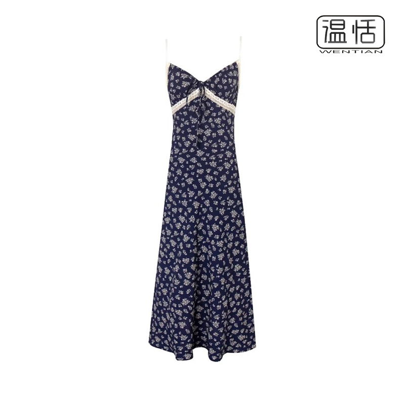 【包邮】法式藏青色碎花连衣裙女V领系带蕾丝拼接气质显瘦A字长裙