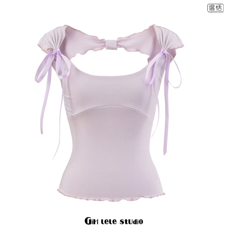 【包邮】美式辣妹风气质性感修身显瘦蝴蝶结方领镂空女夏短袖上衣