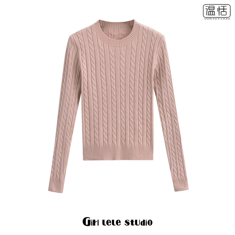 【包邮】粉色圆领套头麻花长袖毛衣打底衫女复古外穿收腰短针织衫