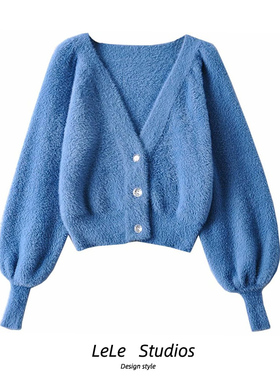 【包邮】法式ins甜美毛衣V领三粒扣蓝色灯笼袖上衣外套女针织开衫