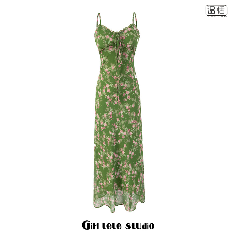 【包邮】澳洲小众胸前系带碎花连衣裙女收腰显瘦海边度假气质长裙