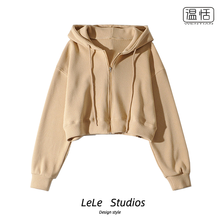 包邮美式复古华夫格拉链连帽卫衣