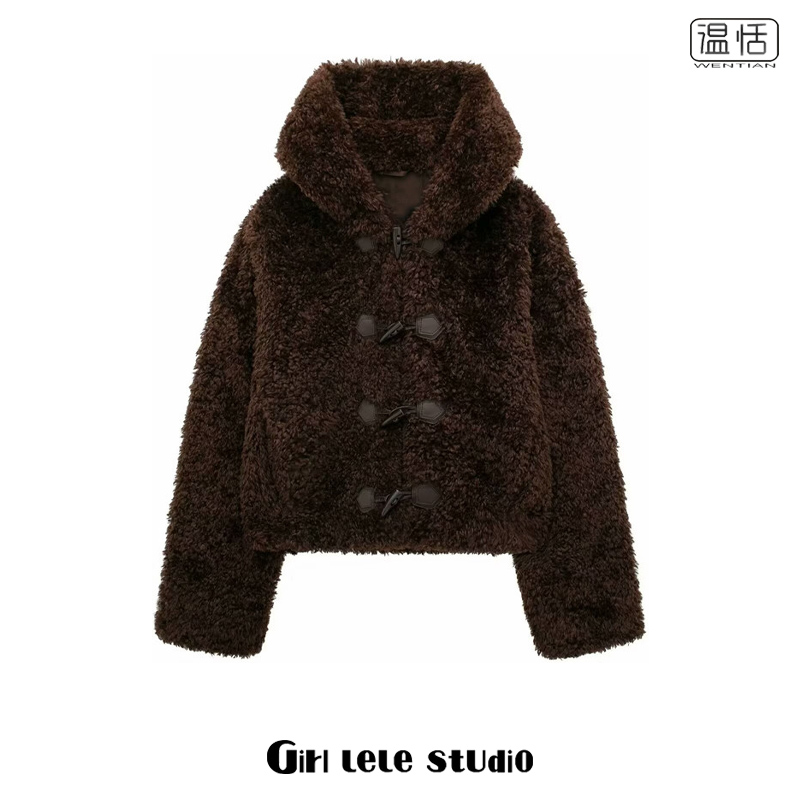 辣妹风短款绳结扣饰毛毛外套