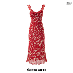【包邮】法式风情海边度假红色碎花长裙女修身显瘦V领吊带连衣裙