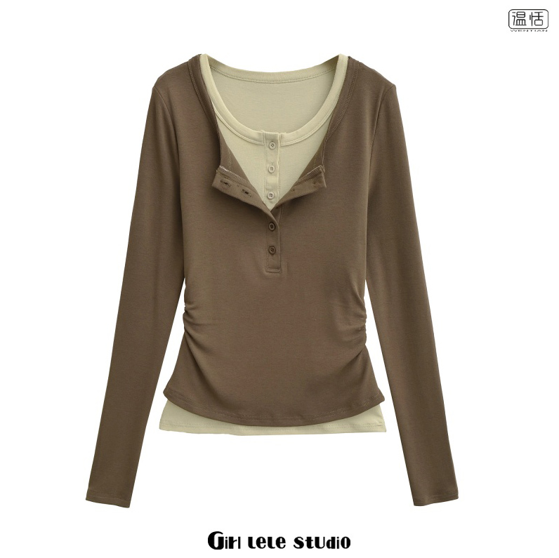 【包邮】欧美风新款复古假两件长袖T恤女修身纽扣圆领打底衫上衣