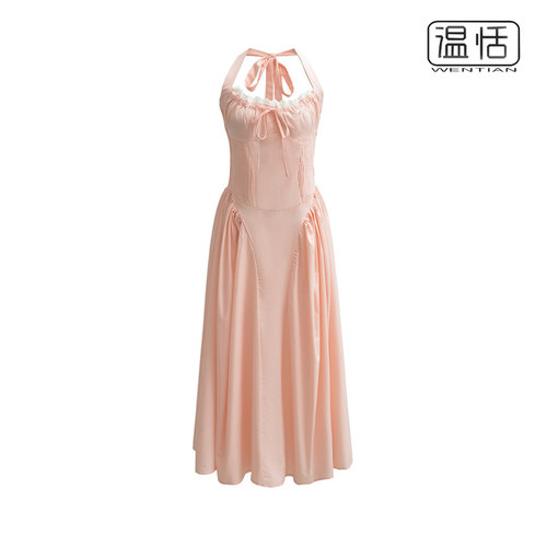 A字纯色系带A字长裙子