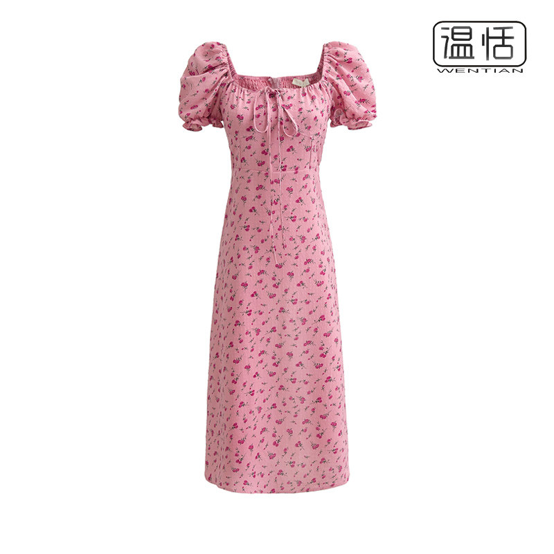 【包邮】法式ins夏季粉底玫瑰碎花方领抽绳系带泡泡袖收腰长裙子