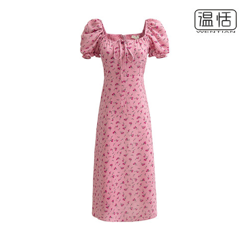 法式A字玫瑰花系带收腰长裙子