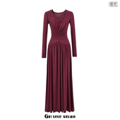 包邮 欧美风新款 时尚 V领蕾丝拼接长袖 连衣裙收腰显瘦气质长裙