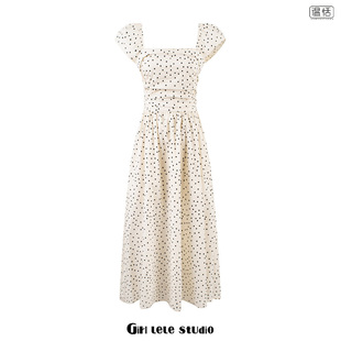 【包邮】法式复古波点印花浅色连衣裙女方领小飞袖气质显瘦长裙子