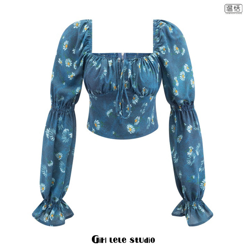 【包邮】美式复古辣妹风方领灯笼袖碎花衬衫蓝色系带修身显瘦上衣,女装/女士精品,衬衫,淘宝优惠券,粉丝福利购,淘宝优惠卷