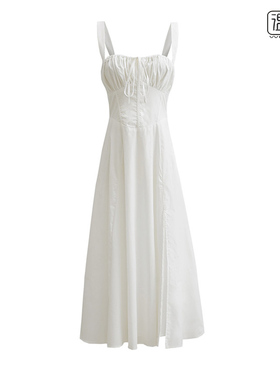 【包邮】白色连衣裙女领口抽绳系带低胸中长款收腰显瘦开叉吊带裙