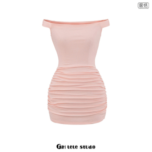 【包邮】辣妹风性感一字肩褶皱设计感修身包臀连衣裙女粉色短裙子