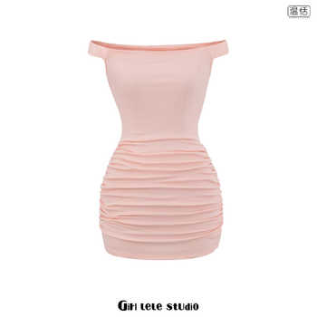 【包邮】辣妹风性感一字肩褶皱设计感修身包臀连衣裙女粉色短裙子