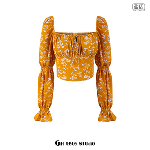 包邮 显瘦度假衬衫 2025早春新款 修身 上衣女 黄底碎花方领灯笼袖