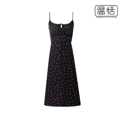 法式A字水果印花系带连衣裙