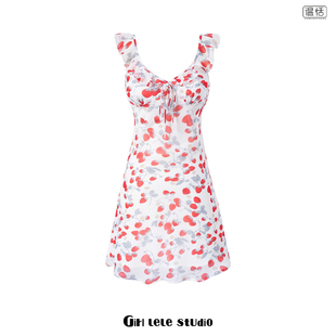 复古印花荷叶边无袖 法式 收腰显瘦度假连衣裙女A字短裙子 包邮