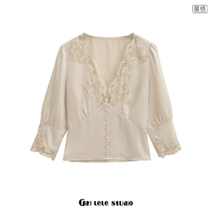 收腰显瘦衬衫 复古仿醋酸蕾丝V领纽扣泡泡袖 法式 气质上衣 包邮